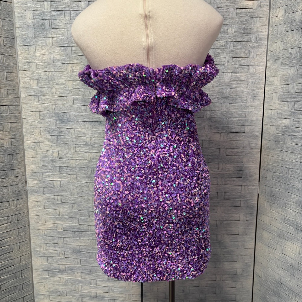 Allison + Kelly Tube Mini Medium Sparkly Purple Sequin Ruffle‎ Party - Picture 3 of 5